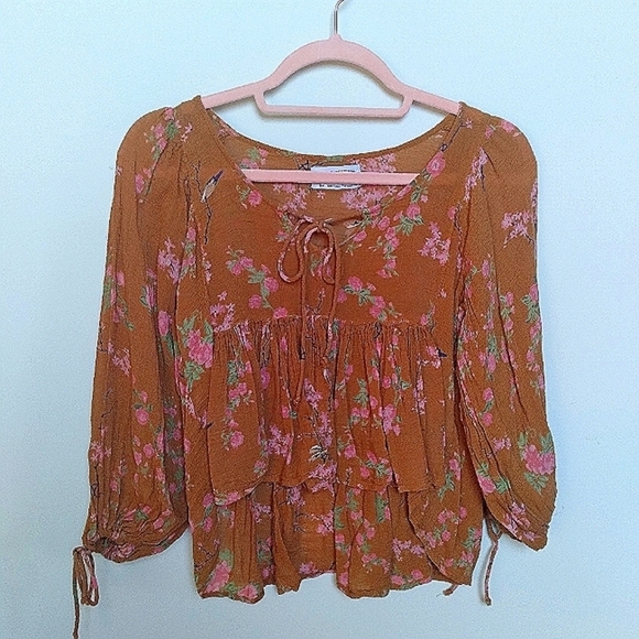 Urban Outfitters Burnt Orange Lace Up Floral Peplum Hem Puff Sleeve Blouse Small - Picture 3 of 13